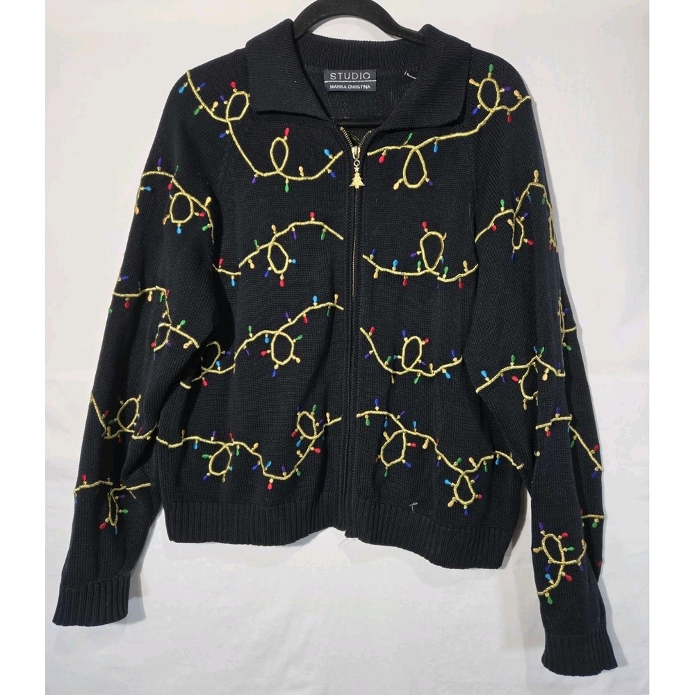 Marisa Christina Christmas Light Cardigan Sweater Women LRG Full Zip Embroidered